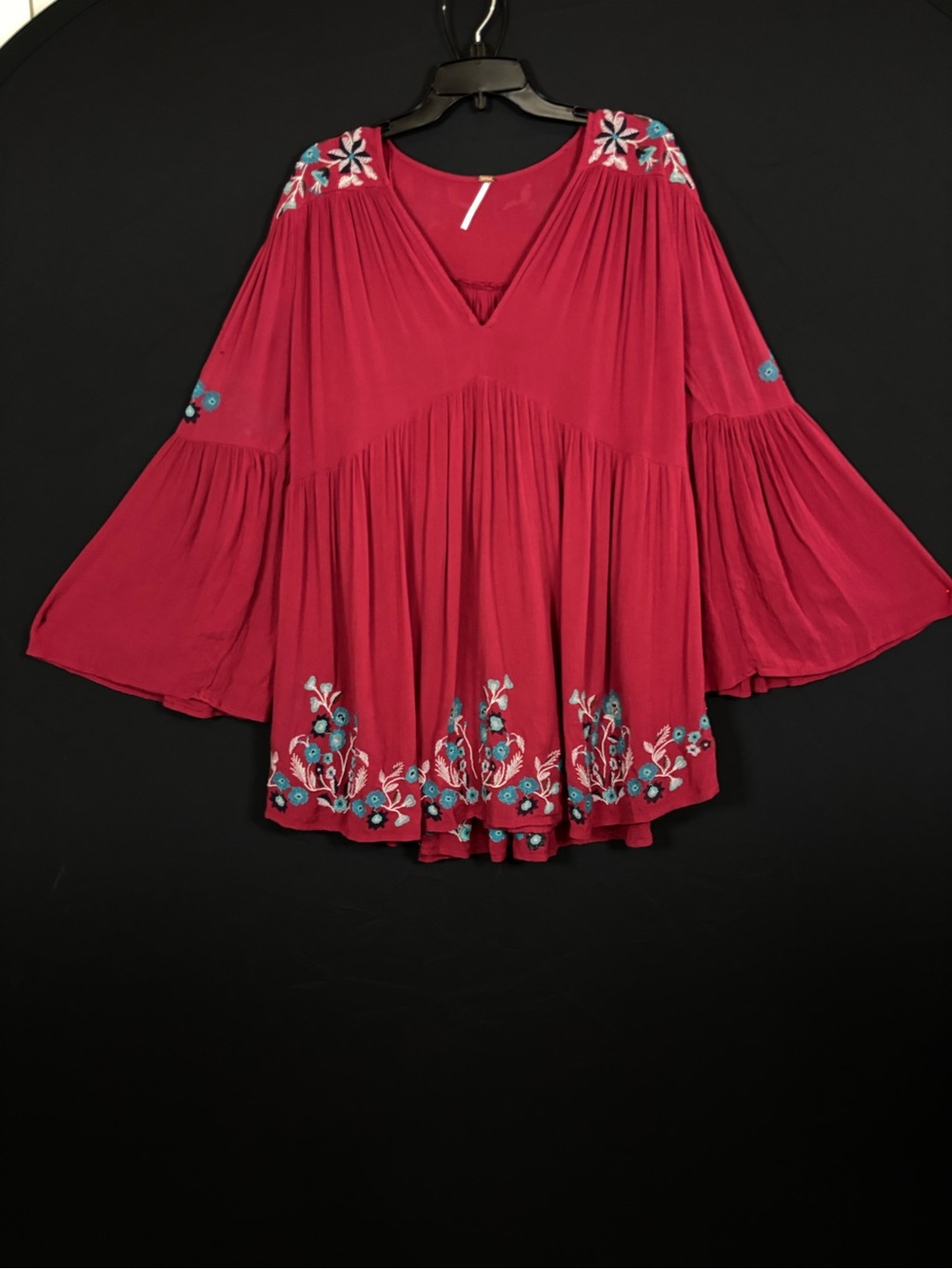 Free People So In Love Embroidered Bell Sleeve Tunic Mini Dress Red S/P - Picture 3 of 8